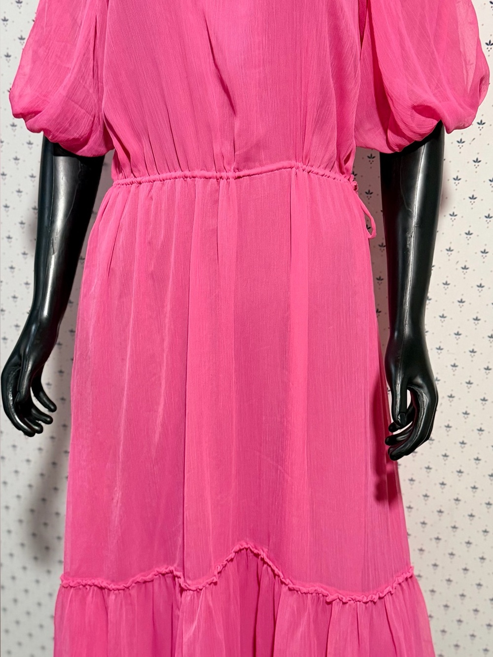H&M Vibrant Hot Pink Crinkled Chiffon Tiered Midi Dress - Size M